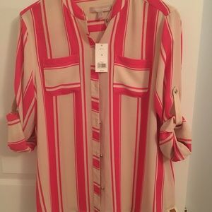 Button down striped top with cuffed sleeve